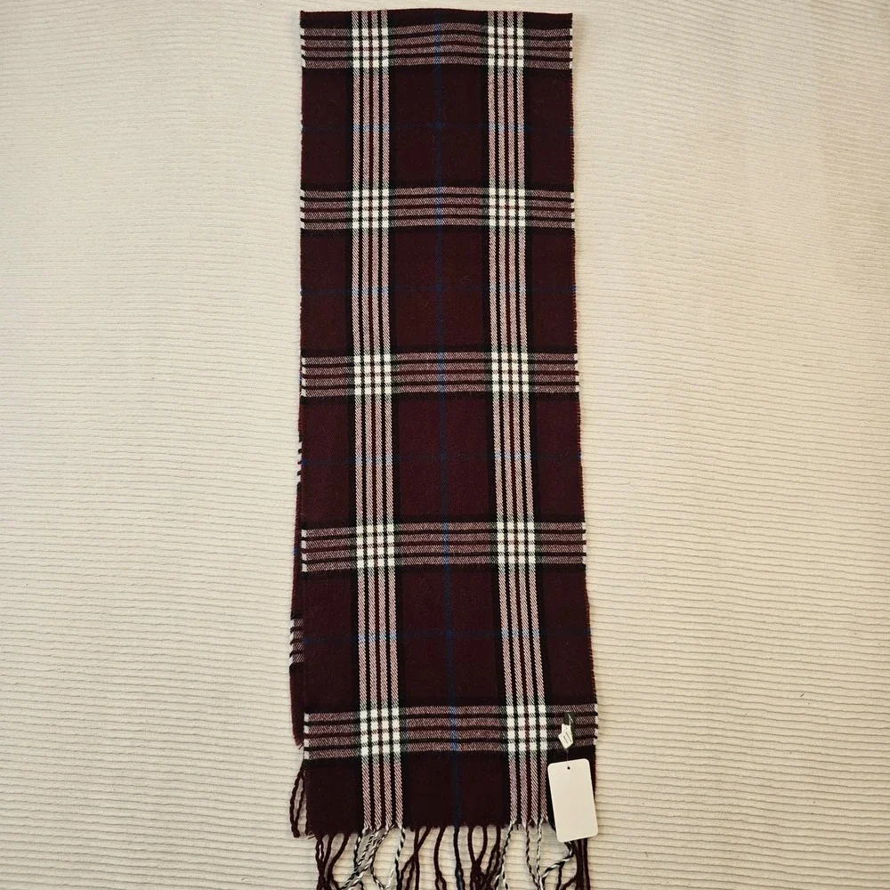 Eddie Bauer Burgundy Plaid Fringed Scarf Acrylic Checkered Wrap S01807
